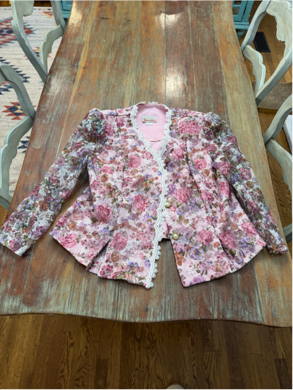 VTG Erica Ltd Pink Floral Tapestry Jacket Unfinished Seams Lace Sz 16 1/2 L/XL
